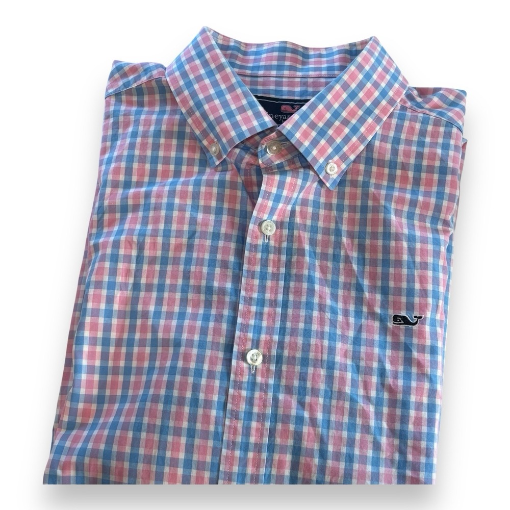 Vineyard Vines Button-Up Whale Shirt Sz L Blue Pink Blue‎ Check Cotton Logo